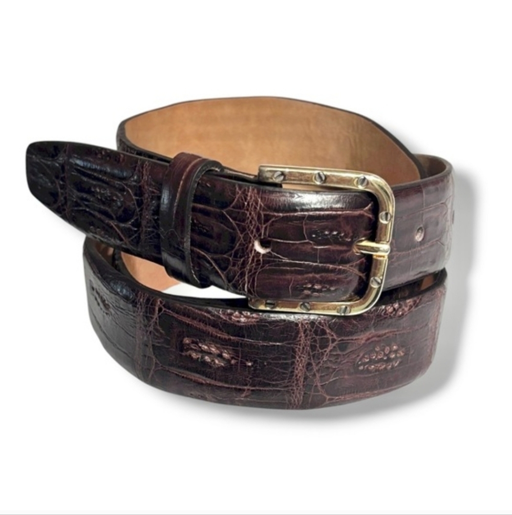 Dark Brown Italian Crocodile Leather Dress Belt Gold Screws Buckle Size 95cm